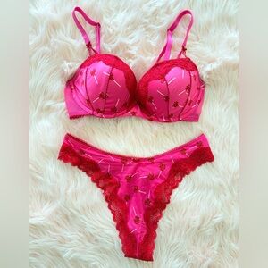 Victoria's Secret Red and Pink Heart Lace Bra Set